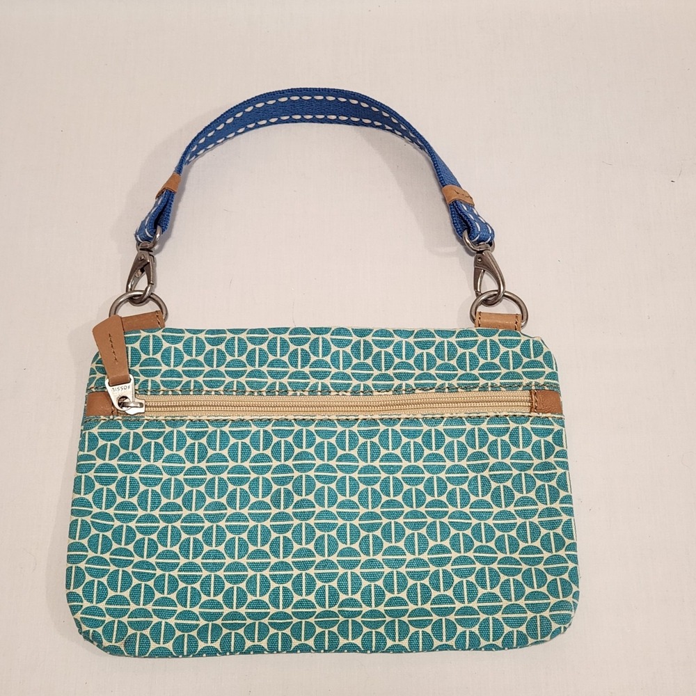 Fossil Canvas Side Zip Bag Turquoise Geometric‎ Pattern 10" x 7" Half Circles